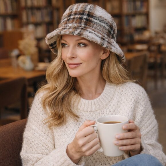David & Young Plaid Fuzzy Bucket Hat – Cozy Winter Hat, Soft Sherpa Style main image 8